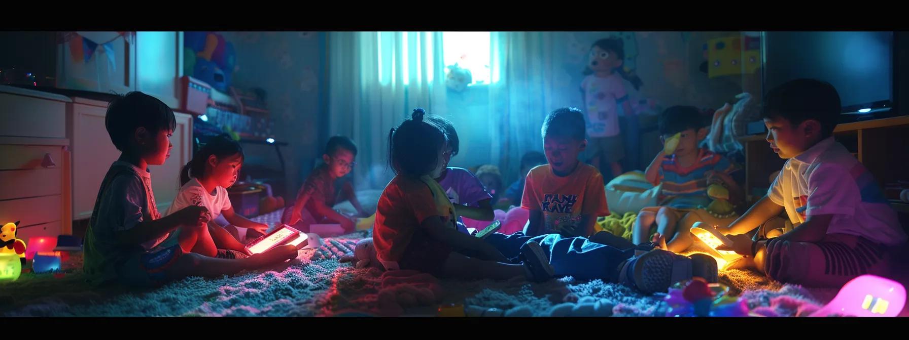 a dimly lit room filled with children absorbed in various glowing screens displays an intense juxtaposition of their distracted expressions against a chaotic backdrop of scattered toys and homework, symbolizing the reinforcing loop of digital dependency and challenging behaviors. a dimly lit room filled with children absorbed in various glowing screens displays an intense juxtaposition of their distracted expressions against a chaotic backdrop of scattered toys and homework, symbolizing the reinforcing loop of digital dependency and challenging behaviors.