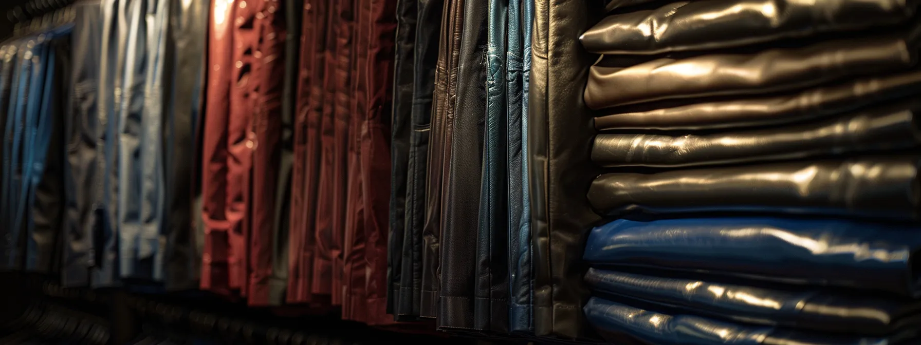 a display of sleek, glossy stacked leather pants for men in a high-end boutique setting. a display of sleek, glossy stacked leather pants for men in a high-end boutique setting.
