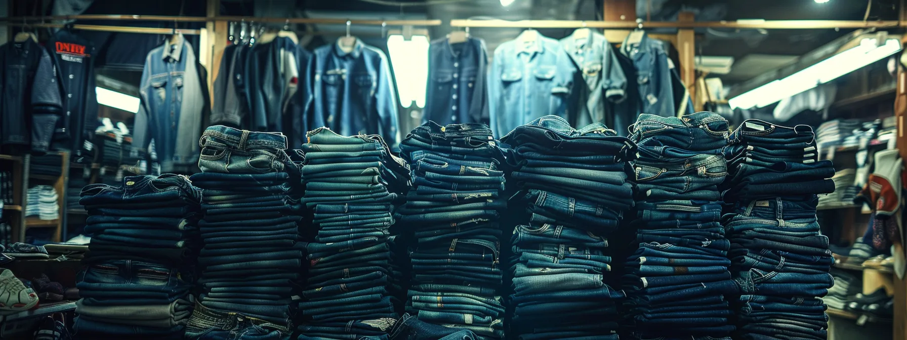 a display of stacked jeans from top brands in a trendy store, showcasing various washes and fits under bright spotlights. a display of stacked jeans from top brands in a trendy store, showcasing various washes and fits under bright spotlights.