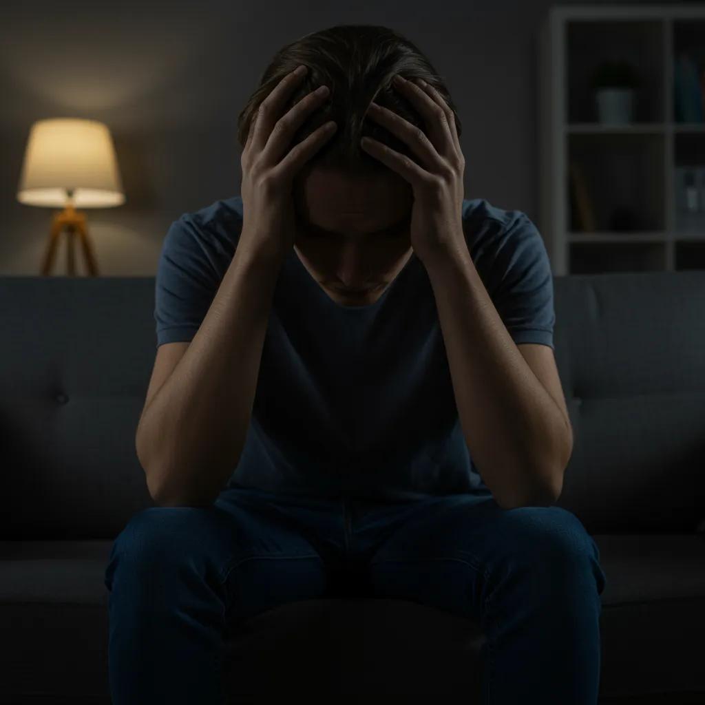 A distressed individual sitting on a couch, representing the psychological effects of K2 Spice Paper use