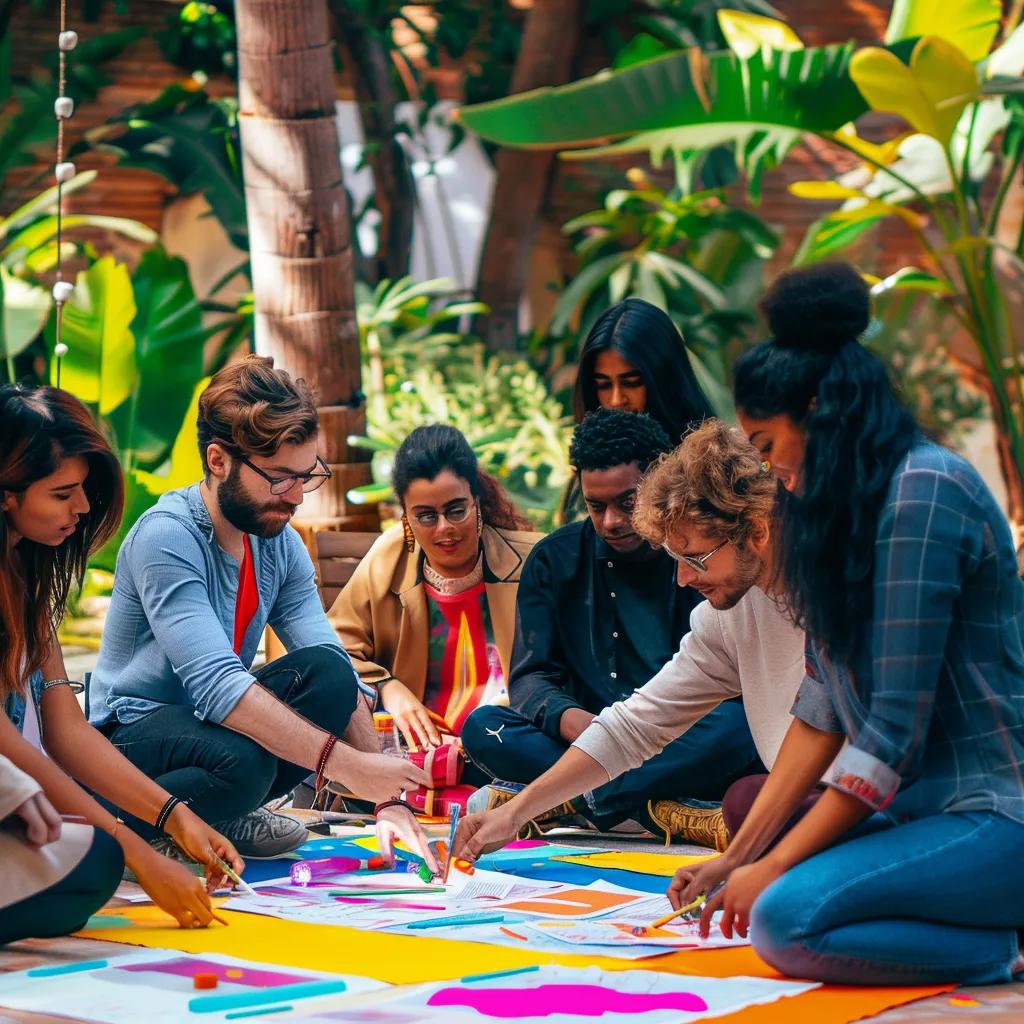 Diverse corporate team collaborating on a community art project during a cultural immersion retreat Diverse group of individuals engaged in collaborative creative activities on colorful materials, fostering teamwork and cultural immersion in a vibrant outdoor setting.