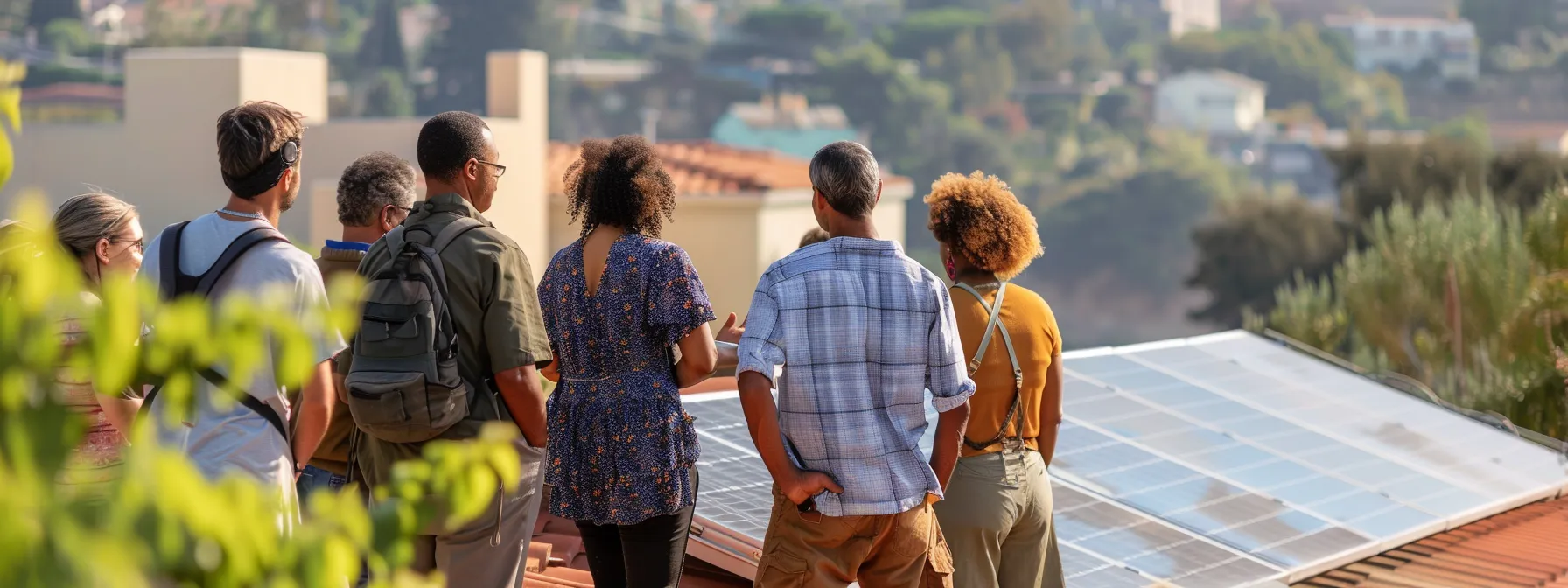 a diverse group of community members gathered around a rooftop solar panel installation, discussing the benefits of customized solar power and sustainable practices. a diverse group of community members gathered around a rooftop solar panel installation, discussing the benefits of customized solar power and sustainable practices.