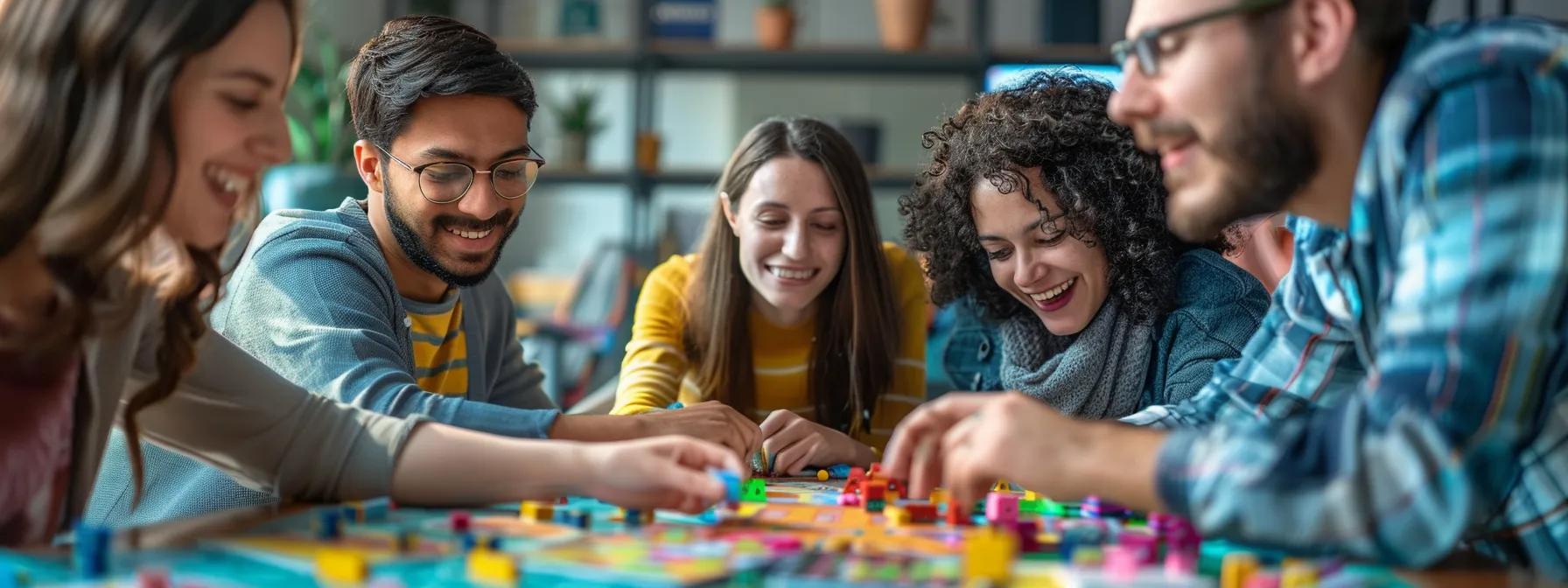 a diverse group of engaged team members collaborates energetically around a table filled with colorful strategy games and puzzles in a modern office setting, showcasing teamwork and problem-solving in action.