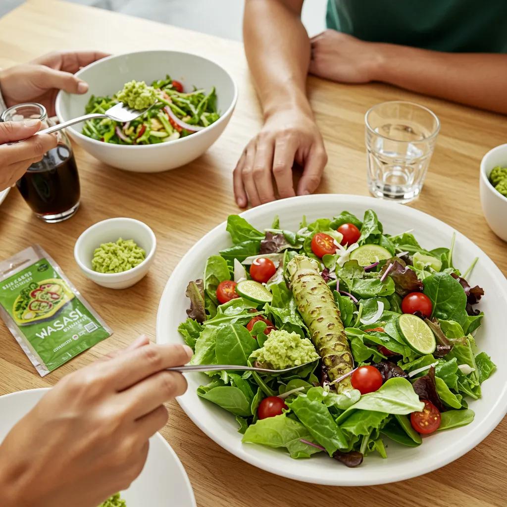 A diverse group of people enjoying a meal with wasabi, highlighting its health benefits