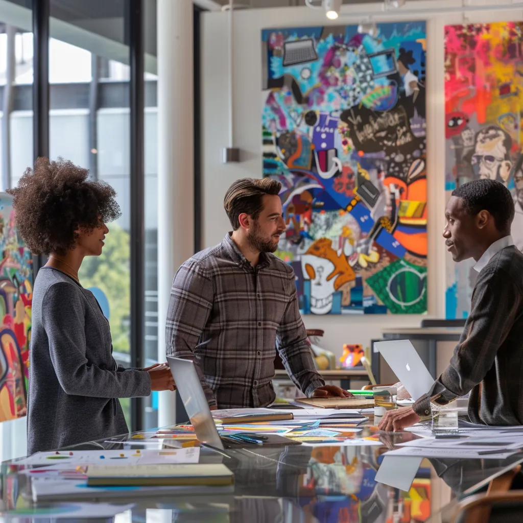 a diverse group of professionals engaged in a dynamic brainstorming session in a modern office, surrounded by vibrant artwork that symbolizes community support and collaboration, illustrating the powerful impact of collective interaction on mental health outcomes.