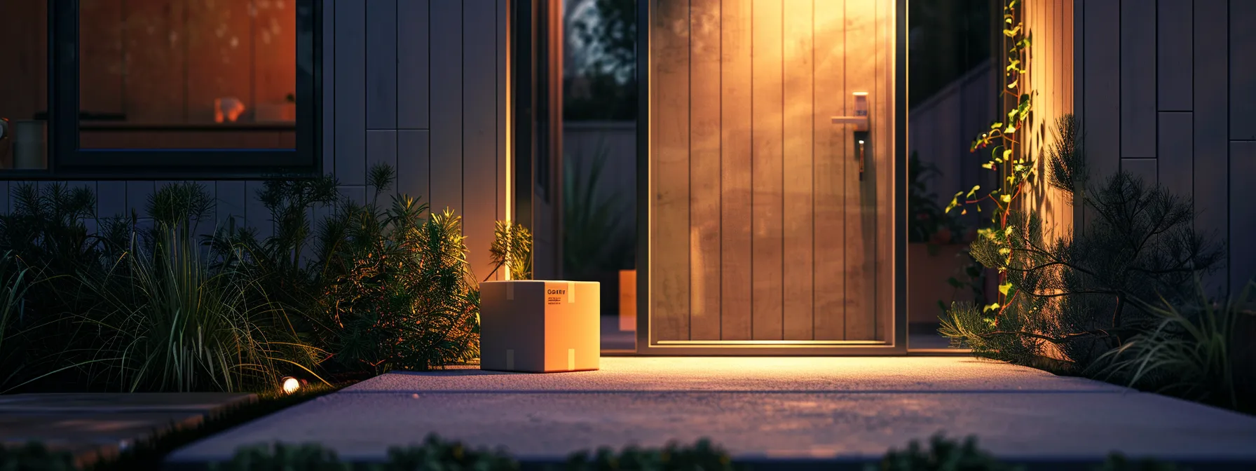 A sleek package on a doorstep at dusk, with a plain shipping box beside a calm, ambient-lit entryway—suggesting privacy, comfort, and modern convenience