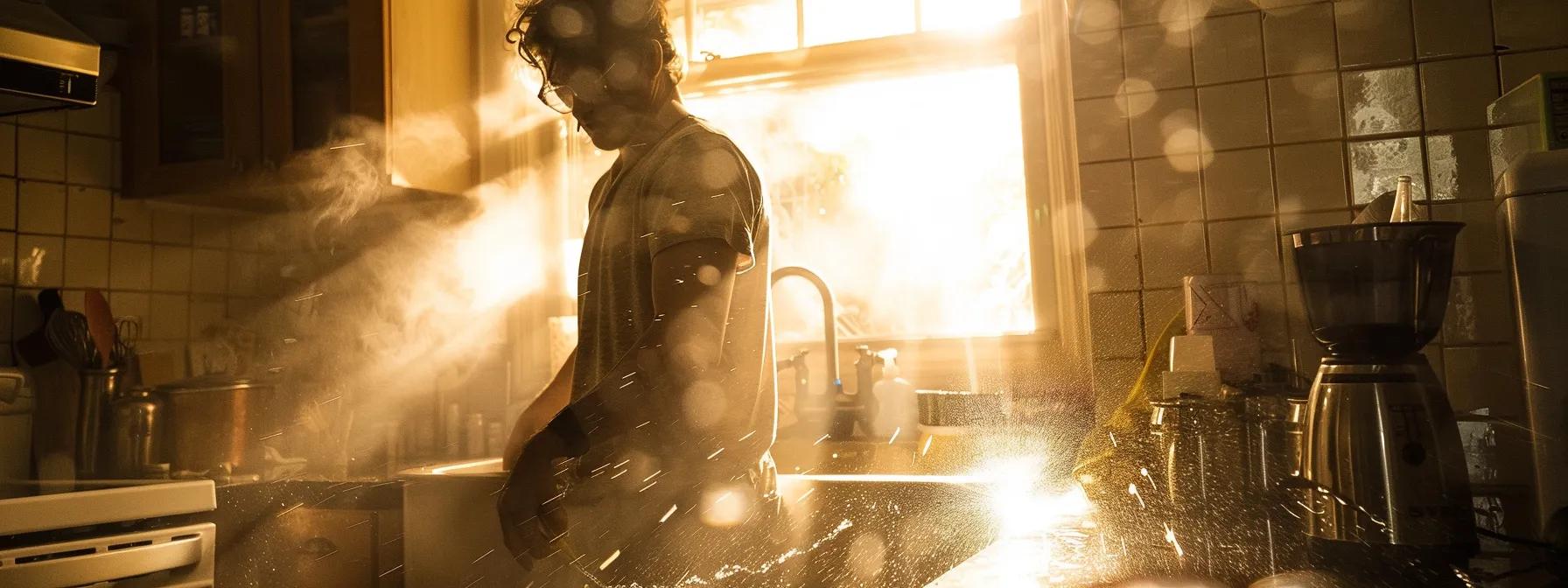 a dramatic, close-up shot of a distressed homeowner in an unkempt kitchen, standing next to a visibly leaking pipe with water streaming down, illuminated by harsh overhead lighting to emphasize the urgency of the plumbing emergency.