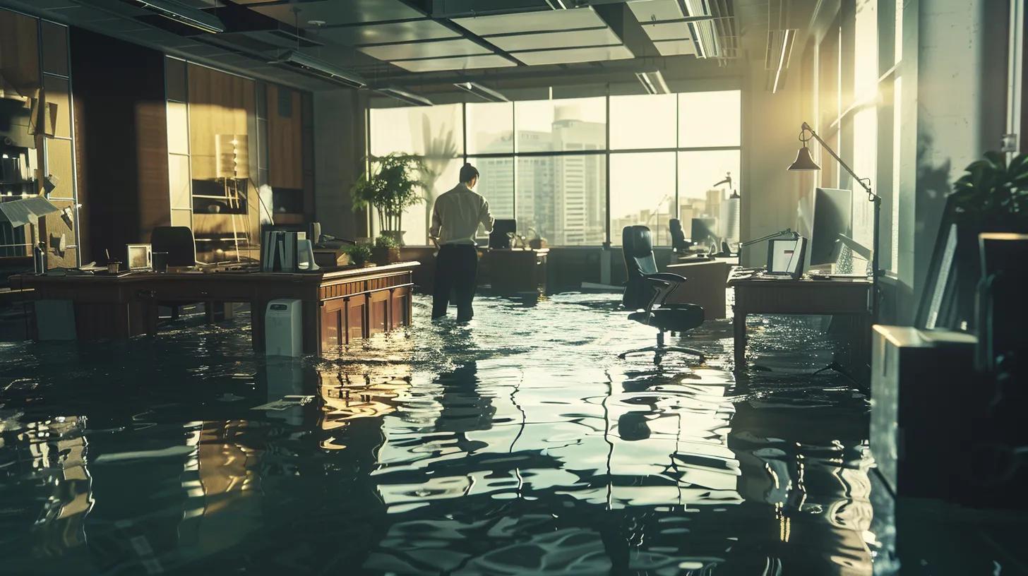 a dramatic office scene depicts a stark contrast between a flooded workspace with water pooling under desks and a determined professional swiftly assessing the damage, emphasizing the urgent need for immediate action against water damage.