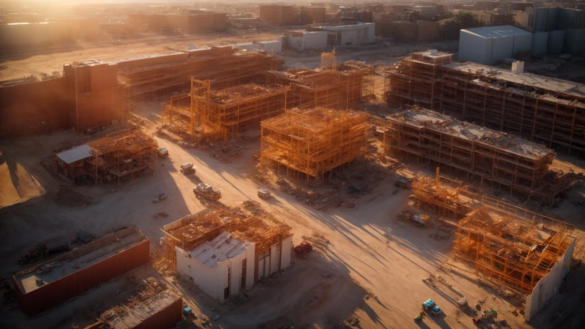 a dramatic overhead view of a construction site with vividly colored blueprint plans spread across a rugged surface, illuminated by a golden sunset that casts long shadows, symbolizing the critical importance of meticulous budget management in a thriving project environment.