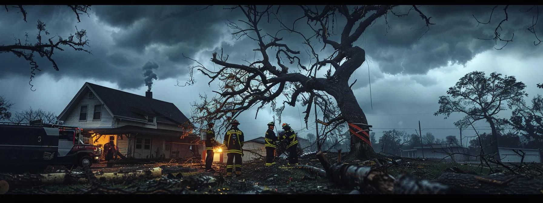 a dramatic urban scene captures emergency responders in action, assessing the precarious positioning of a damaged tree threatening a nearby structure under ominous stormy skies, highlighting the urgency and professionalism of their tree service.