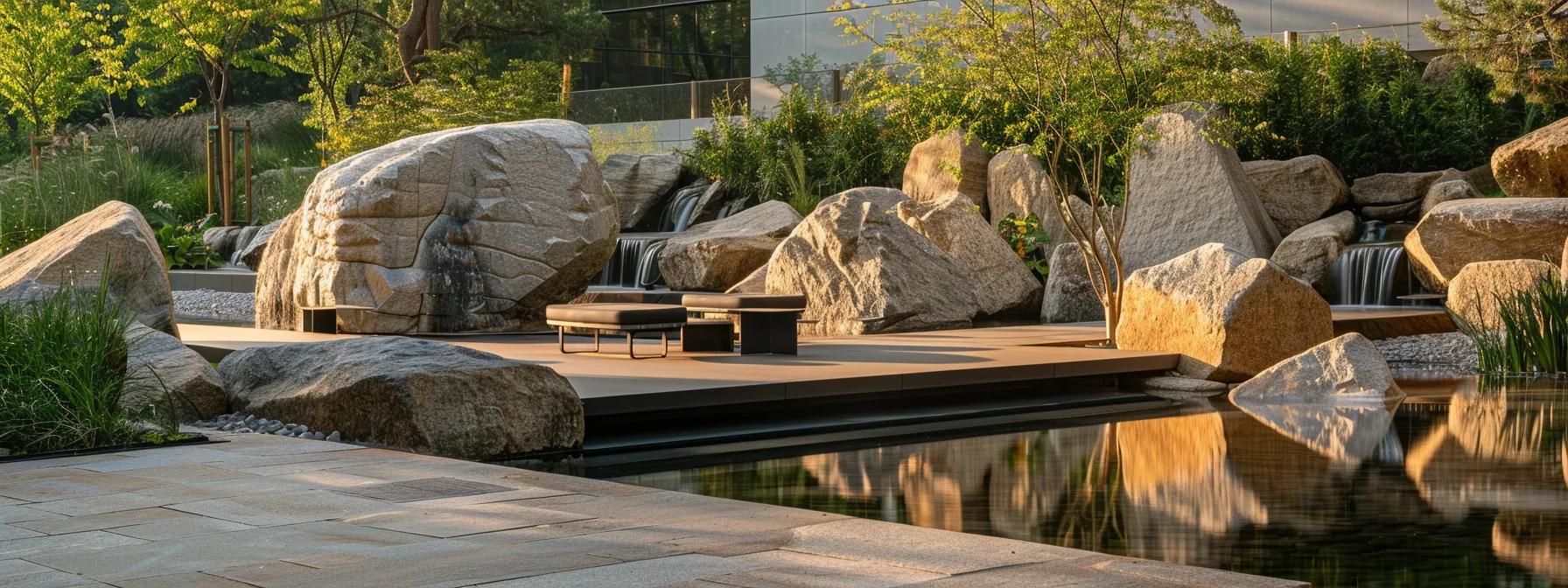 a dramatic water feature in a modern urban garden showcases large, rugged boulders intricately arranged to form a cascading waterfall and natural pond, reflecting sleek lines and contemporary seating integrated into the stone structure.