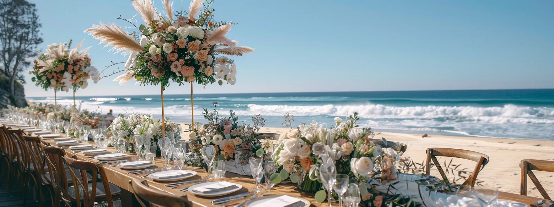a dreamy beachside wedding with elegant floral arrangements, capturing the essence of romance and natural beauty on the sunshine coast. a dreamy beachside wedding with elegant floral arrangements, capturing the essence of romance and natural beauty on the sunshine coast.