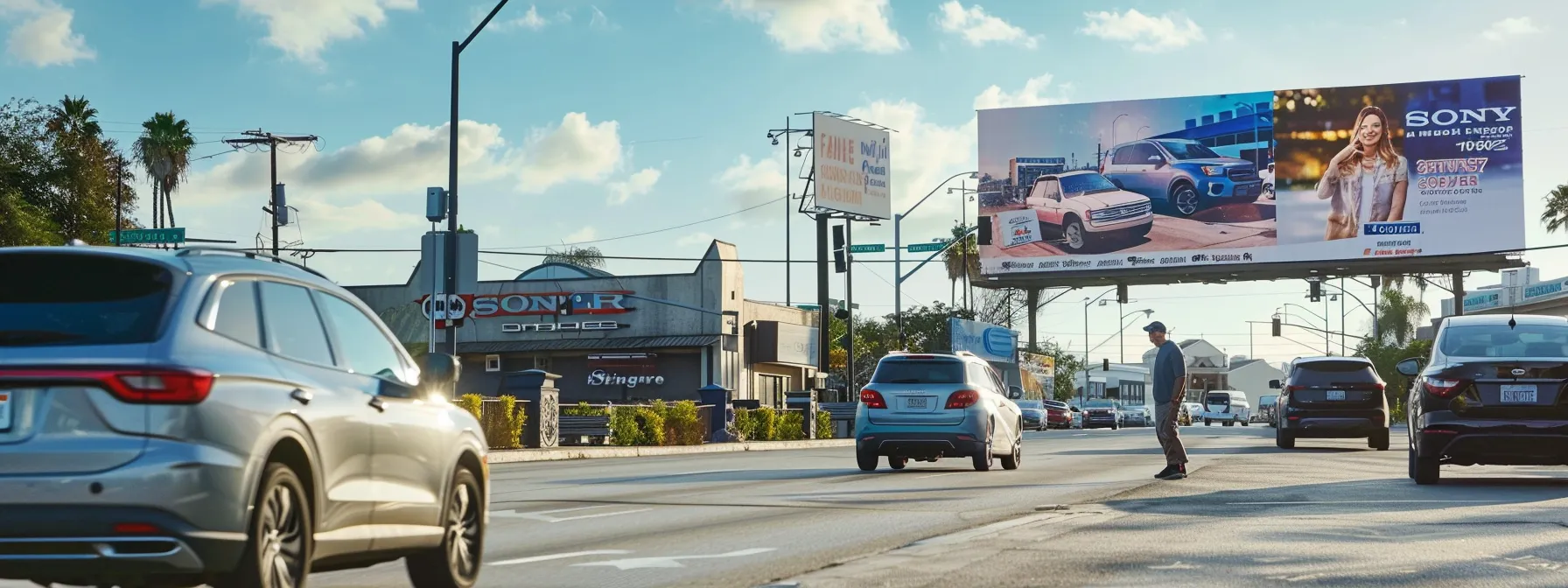 a driver standing between two large insurance company billboards, one showing high rates and limited coverage, the other displaying lower rates and comprehensive coverage options. a driver standing between two large insurance company billboards, one showing high rates and limited coverage, the other displaying lower rates and comprehensive coverage options.