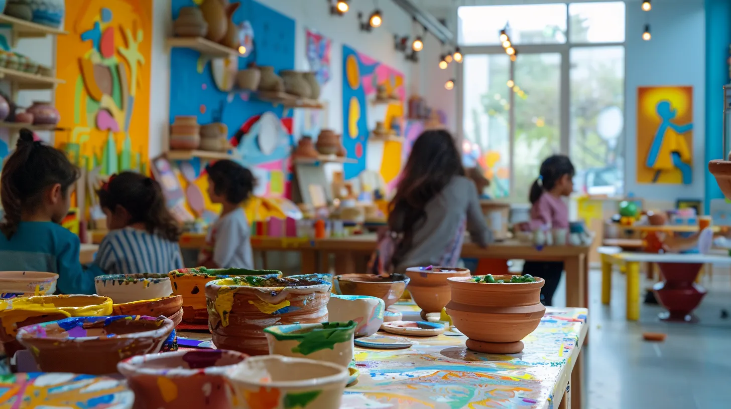 Activités pour enfants à Laval : Amusement et Découverte 4 Activités pour enfants à Laval : Amusement et Découverte un atelier dynamique et coloré, où des enfants engagés explorent la poterie et l'artisanat, entourés de matériaux créatifs et d'œuvres d'art vibrantes, dans un espace lumineux et contemporain à laval.