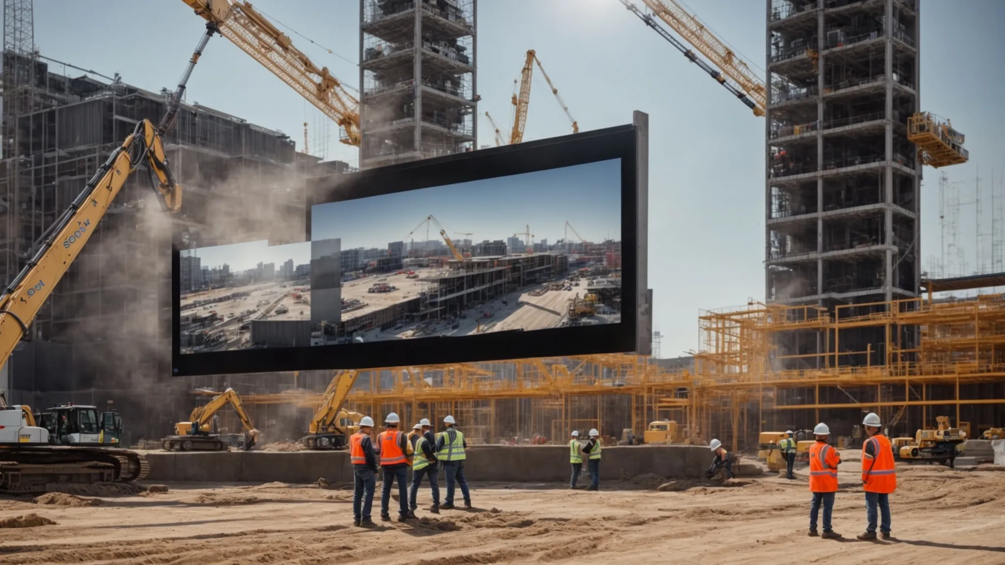 a dynamic and engaging construction site bustling with professionals analyzing digital construction management software on large screens, against a backdrop of partially completed structures and cranes under a bright, clear sky, symbolizing effective budget management and project success. a dynamic and engaging construction site bustling with professionals analyzing digital construction management software on large screens, against a backdrop of partially completed structures and cranes under a bright, clear sky, symbolizing effective budget management and project success.