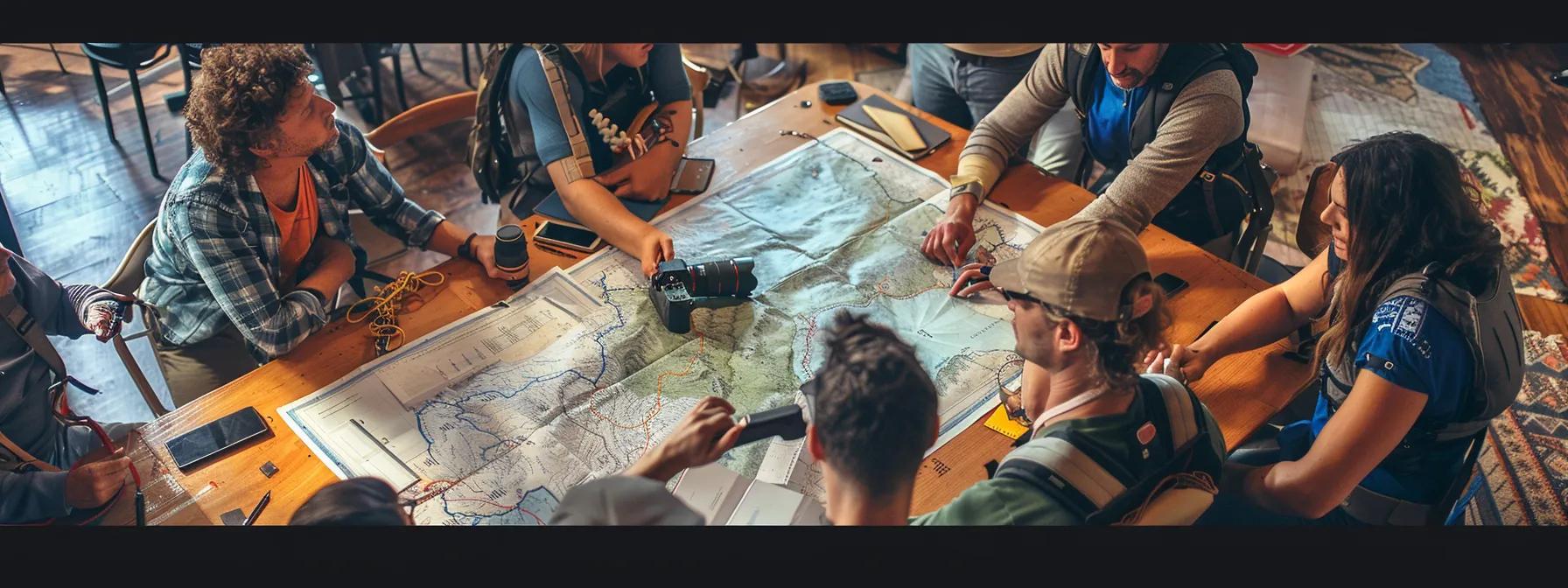 a dynamic and engaging indoor setting depicting a diverse group engaged in a team-building activity, strategizing together around a conference table with rafting gear and maps spread out, highlighting the themes of preparation, survival, and teamwork for an adventurous rafting trip.