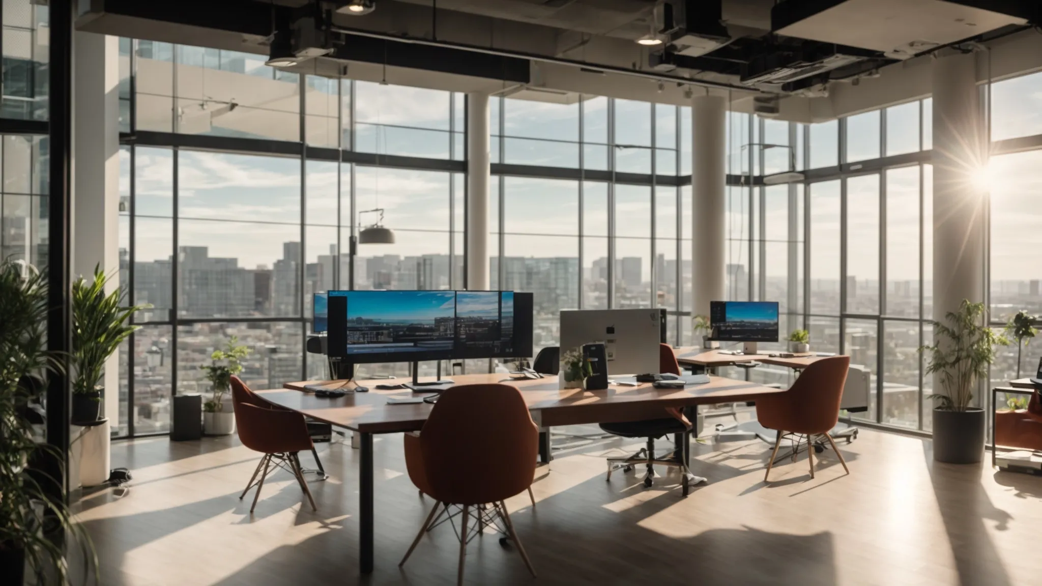 a dynamic and modern office setting showcases a confident marketing team intensely analyzing ppc campaign data on large screens, illuminated by bright natural light streaming through floor-to-ceiling windows.
