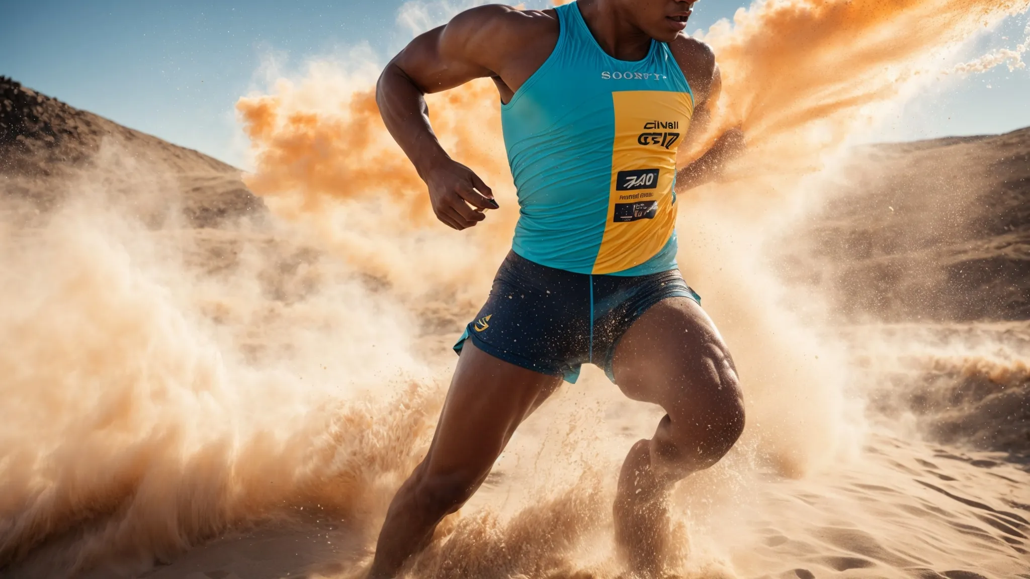 a dynamic athlete in motion, surrounded by vibrant electrolyte powder packets, embodies the essence of hydration and performance enhancement under bright, natural sunlight.