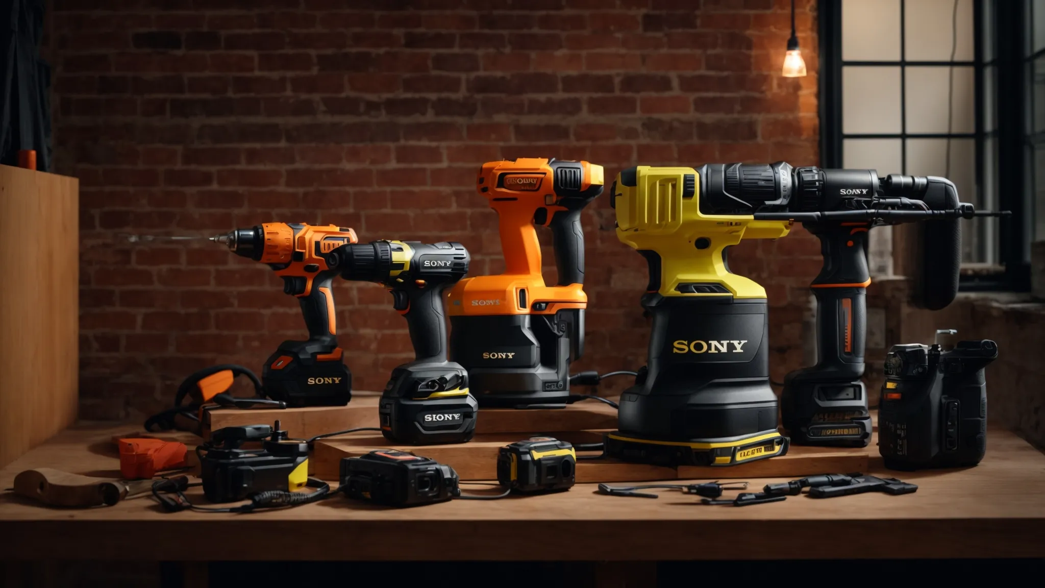 a dynamic composition of essential power tools, including a powerful cordless drill and a robust hammer drill, set against a backdrop of partially renovated walls, highlighting their vibrant colors and sleek designs under bright, focused overhead lighting. a dynamic composition of essential power tools, including a powerful cordless drill and a robust hammer drill, set against a backdrop of partially renovated walls, highlighting their vibrant colors and sleek designs under bright, focused overhead lighting.