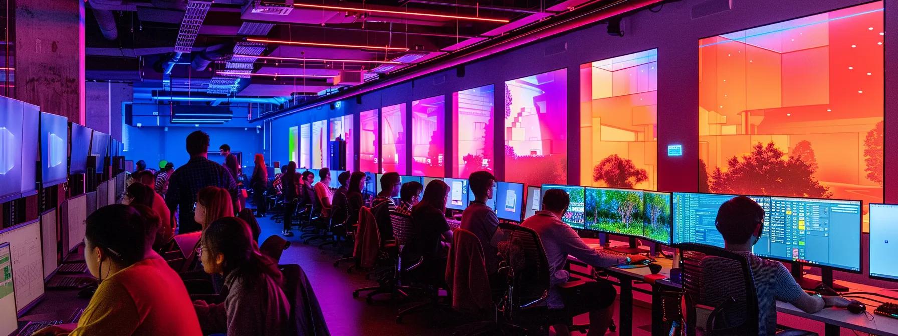 a dynamic computer lab filled with architecture students intensely engaged in 3d modeling software on high-resolution screens, illuminated by bright overhead lights reflecting vibrant color palettes of their projects.
