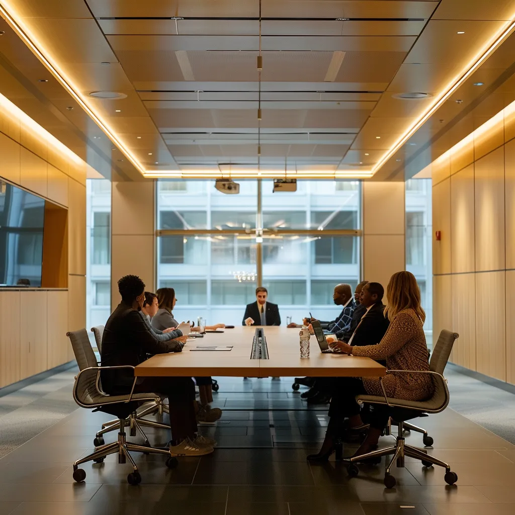 a dynamic conference room filled with engaged professionals around a sleek table, actively collaborating and brainstorming strategies to enhance client health outcomes through innovative support group initiatives.