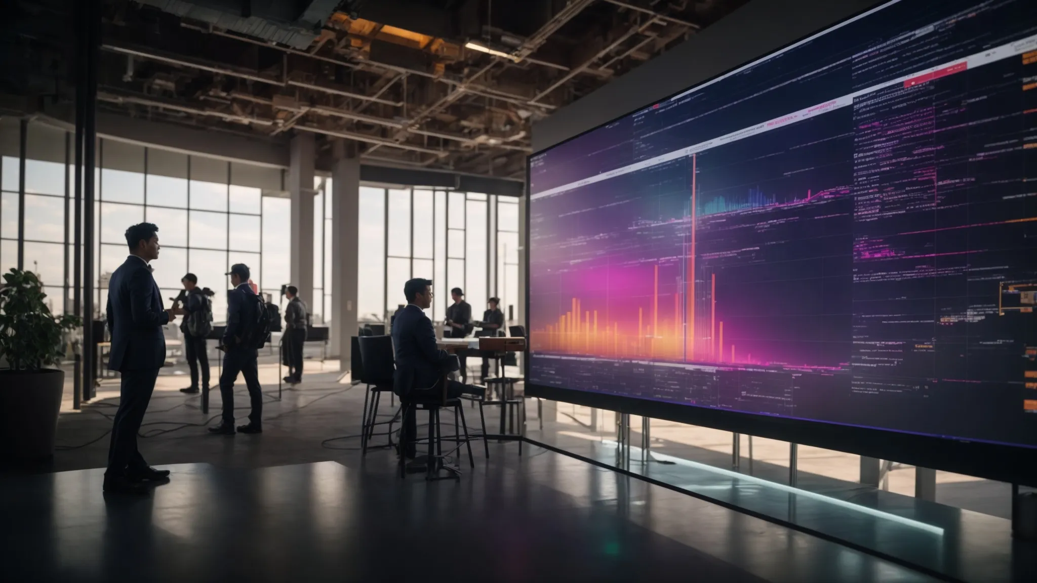 a dynamic construction project scene is depicted, showcasing a large gantt chart on a wall, vibrant color-coded tasks visibly tracking progress, with engineers and planners engaged in focused discussions under bright, ambient lighting. a dynamic construction project scene is depicted, showcasing a large gantt chart on a wall, vibrant color-coded tasks visibly tracking progress, with engineers and planners engaged in focused discussions under bright, ambient lighting.