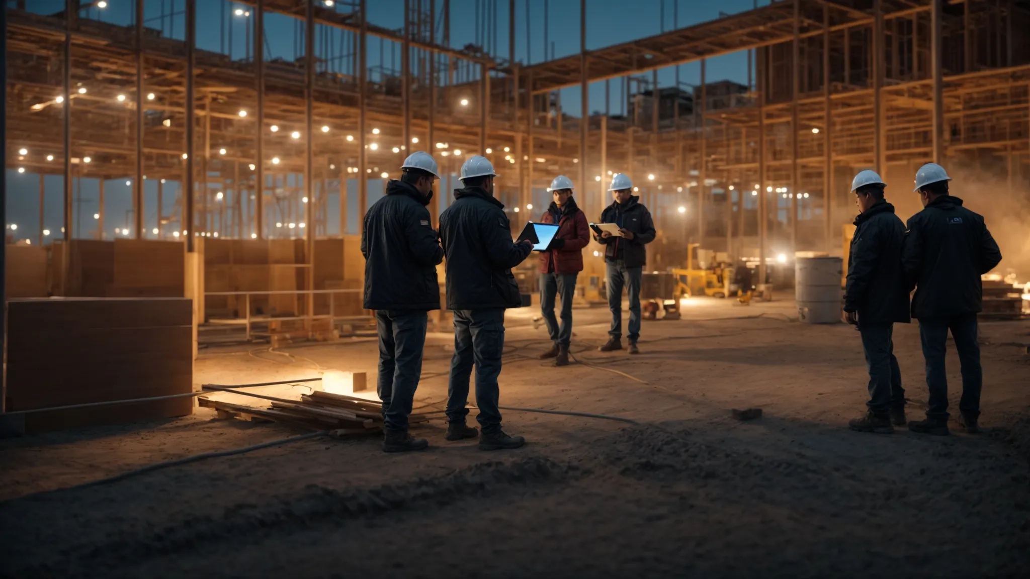 a dynamic construction site at dusk, illuminated by bright work lights, showcases a diverse team of professionals engaged in collaborative planning over digital tablets, emphasizing effective budget management and strategic decision-making. a dynamic construction site at dusk, illuminated by bright work lights, showcases a diverse team of professionals engaged in collaborative planning over digital tablets, emphasizing effective budget management and strategic decision-making.