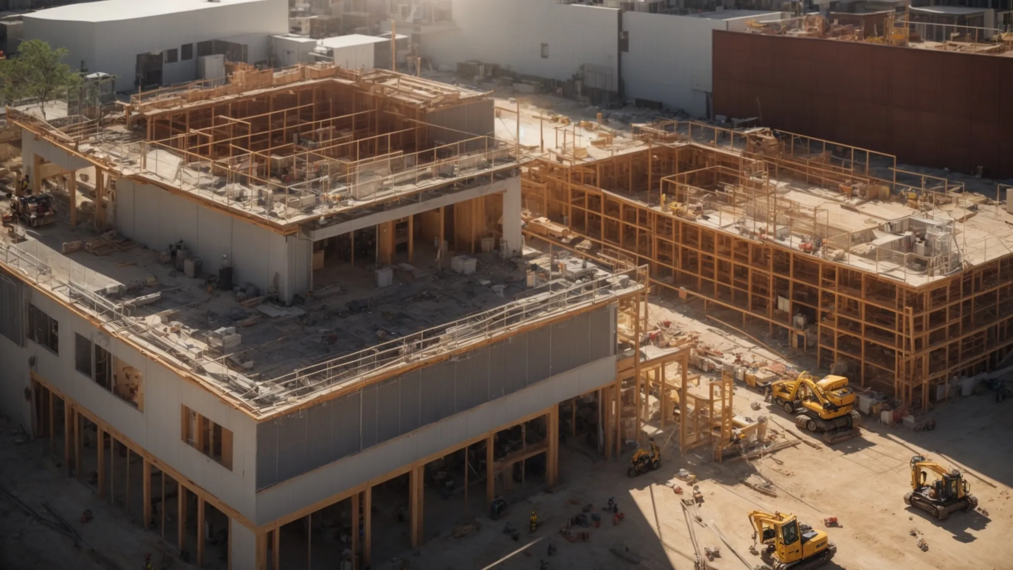 a dynamic construction site bustling with activity, showcasing a general contractor expertly managing renovations under bright sunlight, with workers collaborating and safety measures visibly in place, embodying effective communication and problem-solving in progress. a dynamic construction site bustling with activity, showcasing a general contractor expertly managing renovations under bright sunlight, with workers collaborating and safety measures visibly in place, embodying effective communication and problem-solving in progress.