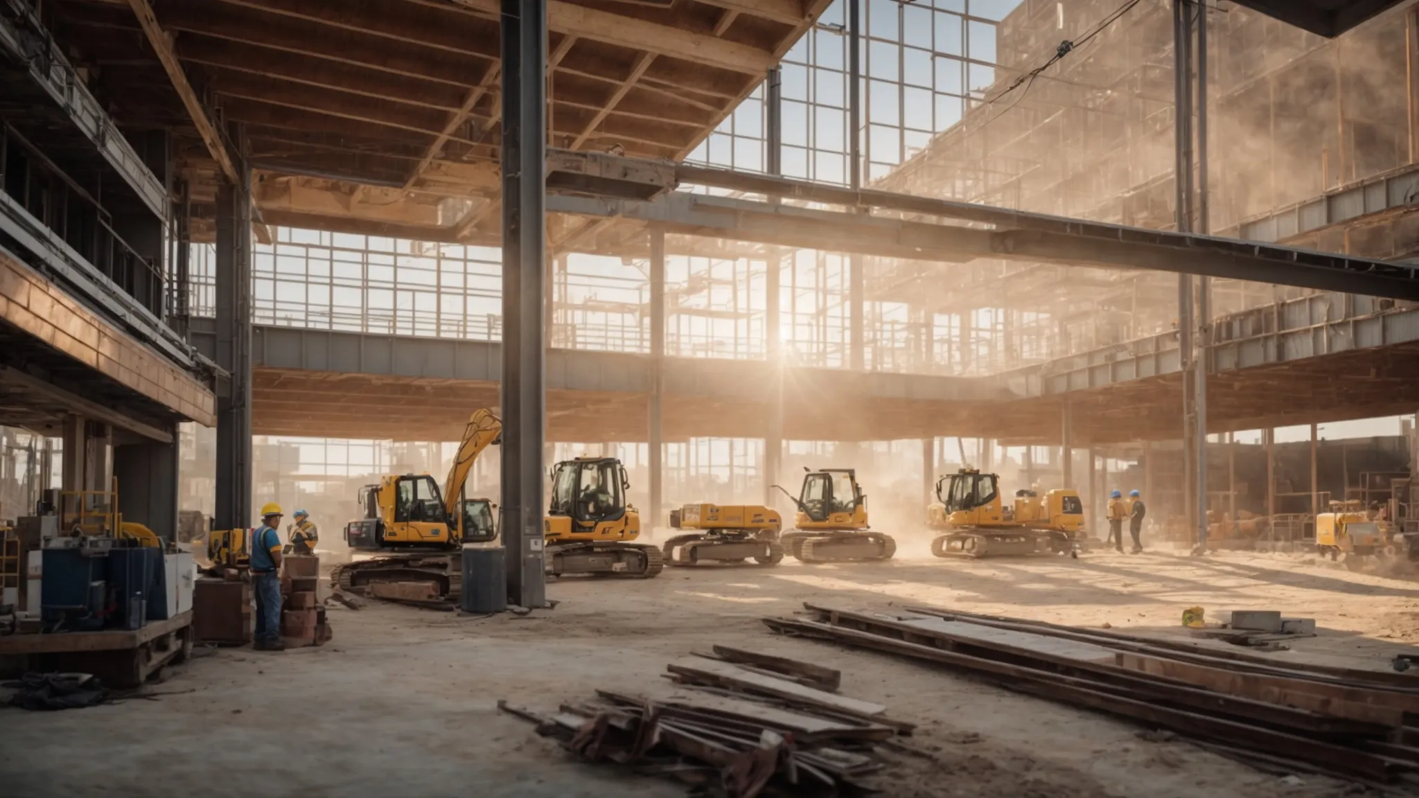 a dynamic construction site bustling with activity, showcasing a confident general contractor overseeing a diverse team, surrounded by blueprints and machinery under bright, natural light, emphasizing the essence of collaboration and project success. a dynamic construction site bustling with activity, showcasing a confident general contractor overseeing a diverse team, surrounded by blueprints and machinery under bright, natural light, emphasizing the essence of collaboration and project success.
