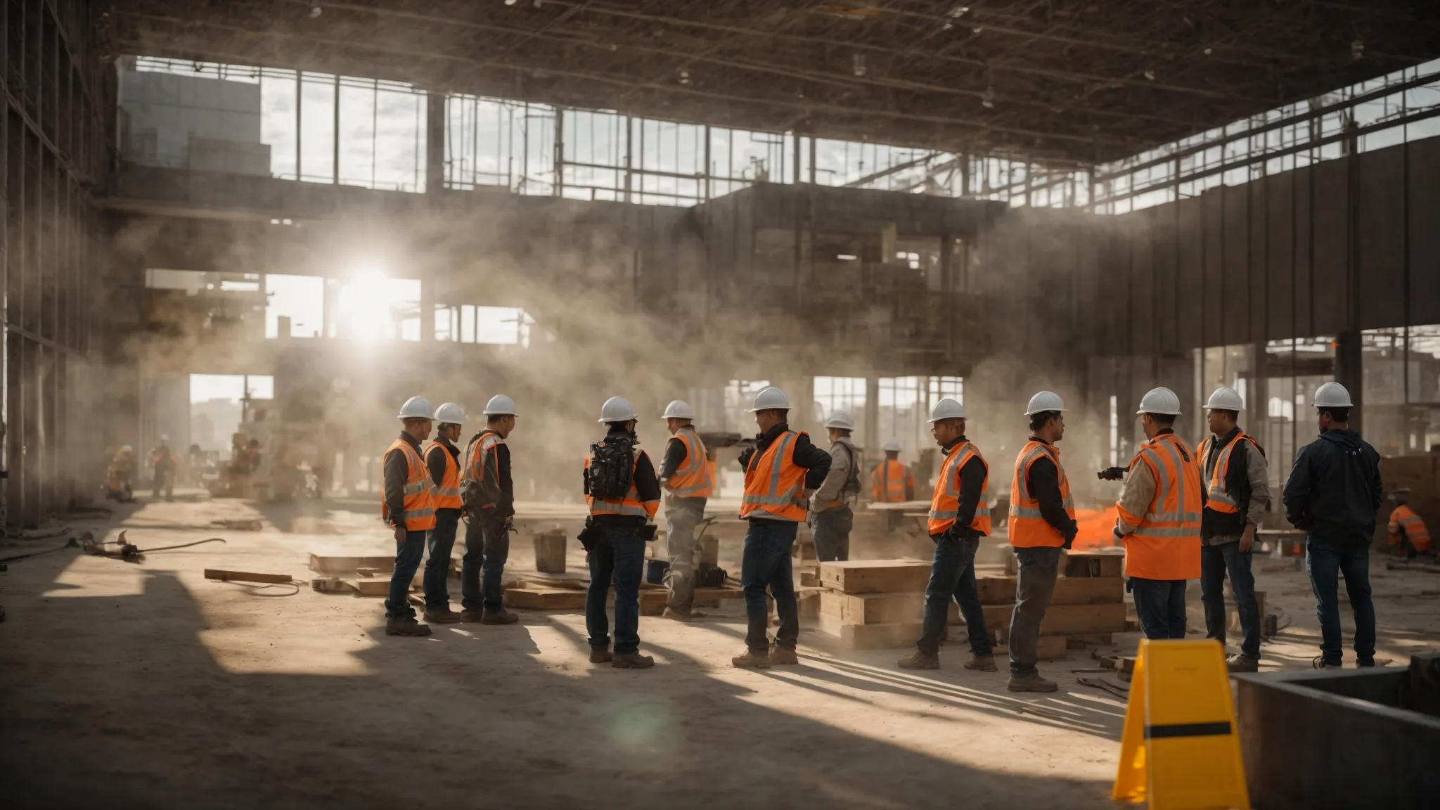 a dynamic construction site bustling with activity, where a diverse group of professionals engages in a hands-on safety training session under bright, natural light, emphasizing teamwork and proactive risk management. a dynamic construction site bustling with activity, where a diverse group of professionals engages in a hands-on safety training session under bright, natural light, emphasizing teamwork and proactive risk management.