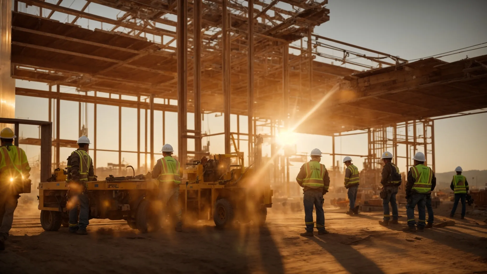 a dynamic construction site bustling with diverse tradespeople collaborating seamlessly under the guidance of a confident general contractor, illuminated by the warm glow of the setting sun, symbolizing teamwork and shared success. a dynamic construction site bustling with diverse tradespeople collaborating seamlessly under the guidance of a confident general contractor, illuminated by the warm glow of the setting sun, symbolizing teamwork and shared success.