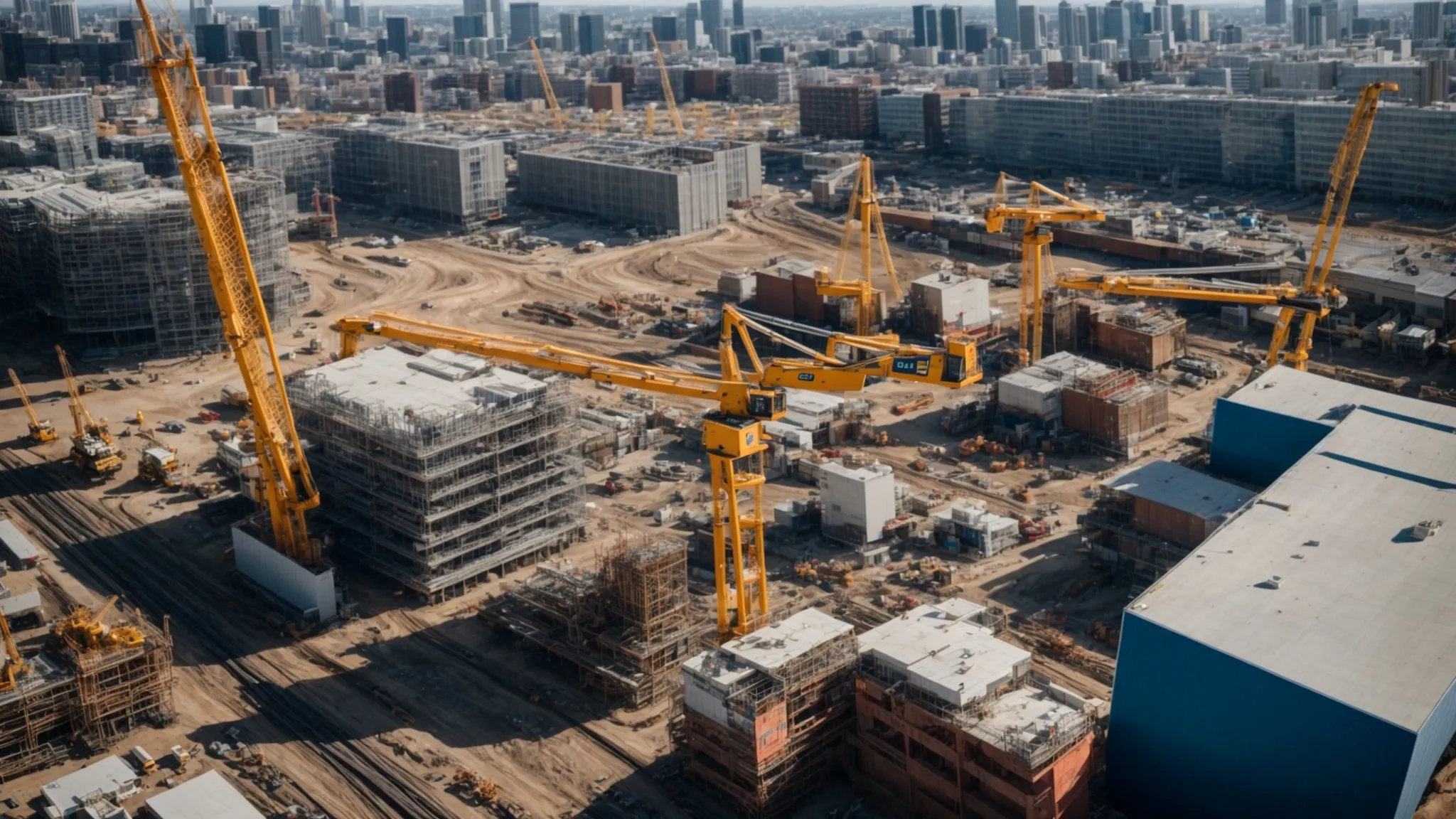 a dynamic construction site bustling with activity, featuring towering cranes, diverse project stakeholders in conversation, and a backdrop of modern office buildings under a clear blue sky, symbolizing the essence of commercial project management. a dynamic construction site bustling with activity, featuring towering cranes, diverse project stakeholders in conversation, and a backdrop of modern office buildings under a clear blue sky, symbolizing the essence of commercial project management.