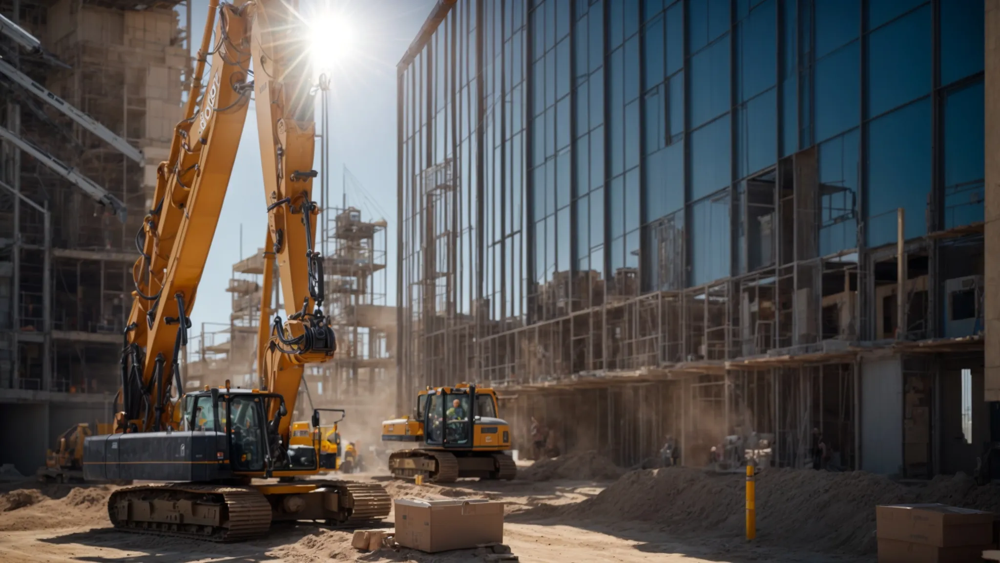 a dynamic construction site bustling with skilled workers and heavy machinery, highlighting the teamwork and precision of general contractors as they oversee the successful completion of a striking modern building under a radiant blue sky. a dynamic construction site bustling with skilled workers and heavy machinery, highlighting the teamwork and precision of general contractors as they oversee the successful completion of a striking modern building under a radiant blue sky.
