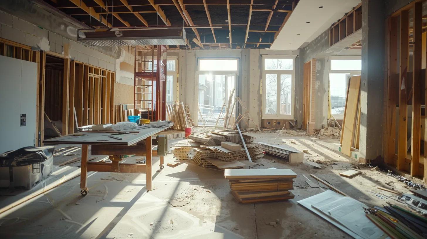 a dynamic construction site in an urban setting, showcasing various stages of custom home renovations with workers actively engaged in demolition, design plans spread out on a table, and partially constructed structures in the background, all bathed in bright indoor lighting to emphasize the bustling activity and progress. a dynamic construction site in an urban setting, showcasing various stages of custom home renovations with workers actively engaged in demolition, design plans spread out on a table, and partially constructed structures in the background, all bathed in bright indoor lighting to emphasize the bustling activity and progress.