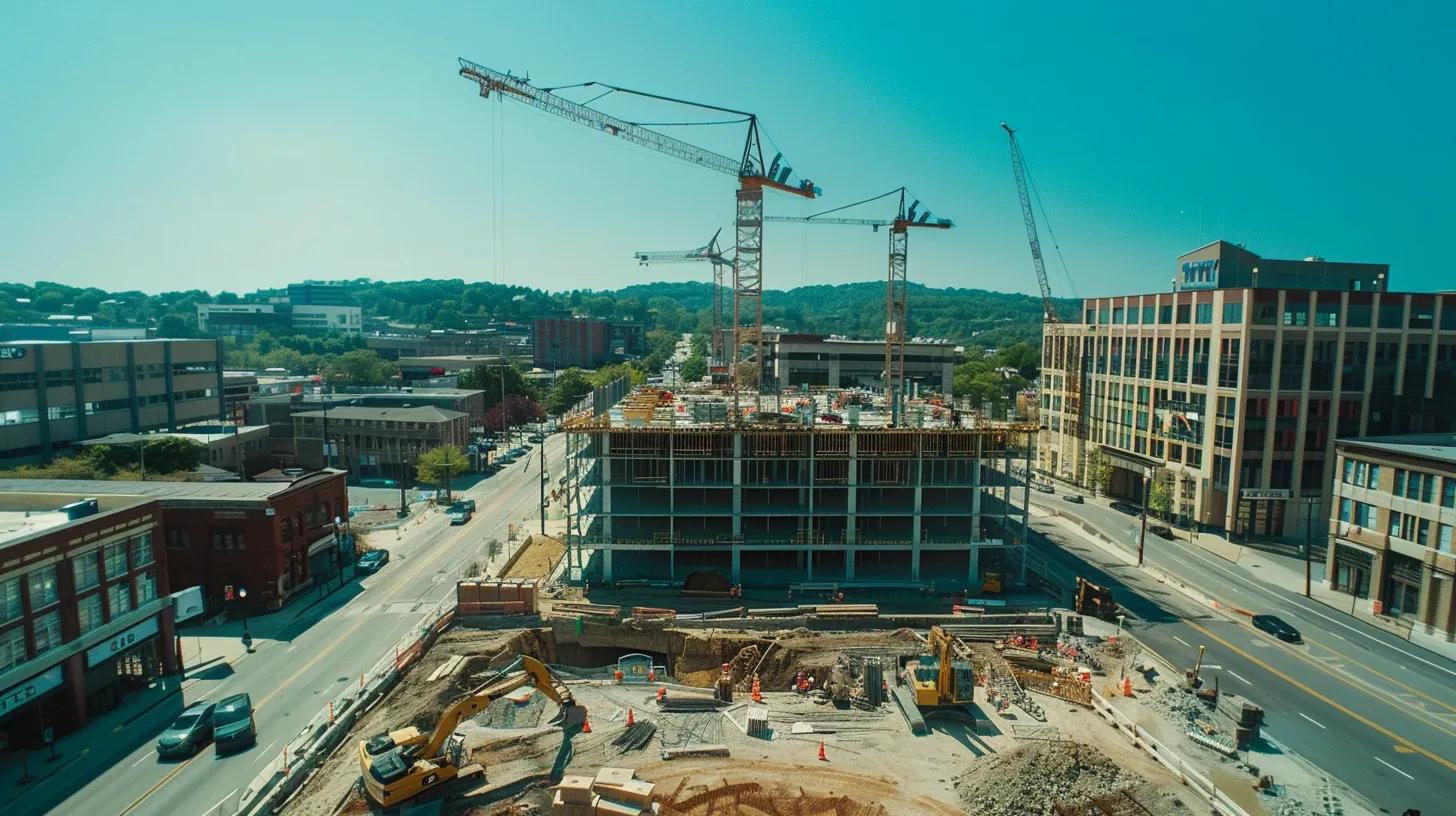 a dynamic construction site in knoxville, showcasing skilled commercial constructors collaborating under clear blue skies, with cranes and building materials in vibrant detail, symbolizes the strength and progress of the local economy.