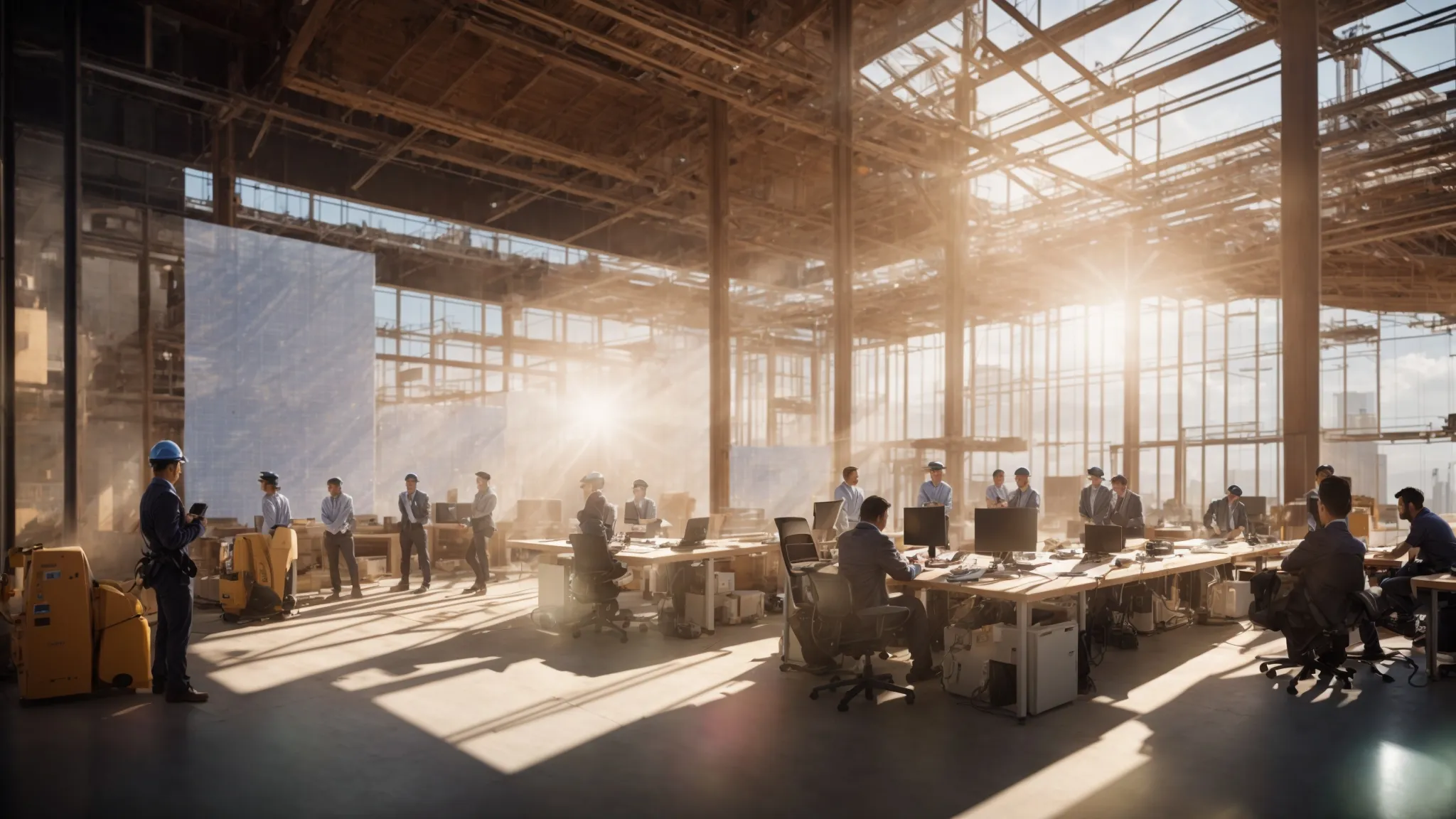 a dynamic construction site showcases a diverse team of professionals engaged in collaborative budgeting discussions, surrounded by detailed blueprints and digital projections, bathed in warm, natural sunlight that enhances the atmosphere of innovation and strategic planning. a dynamic construction site showcases a diverse team of professionals engaged in collaborative budgeting discussions, surrounded by detailed blueprints and digital projections, bathed in warm, natural sunlight that enhances the atmosphere of innovation and strategic planning.
