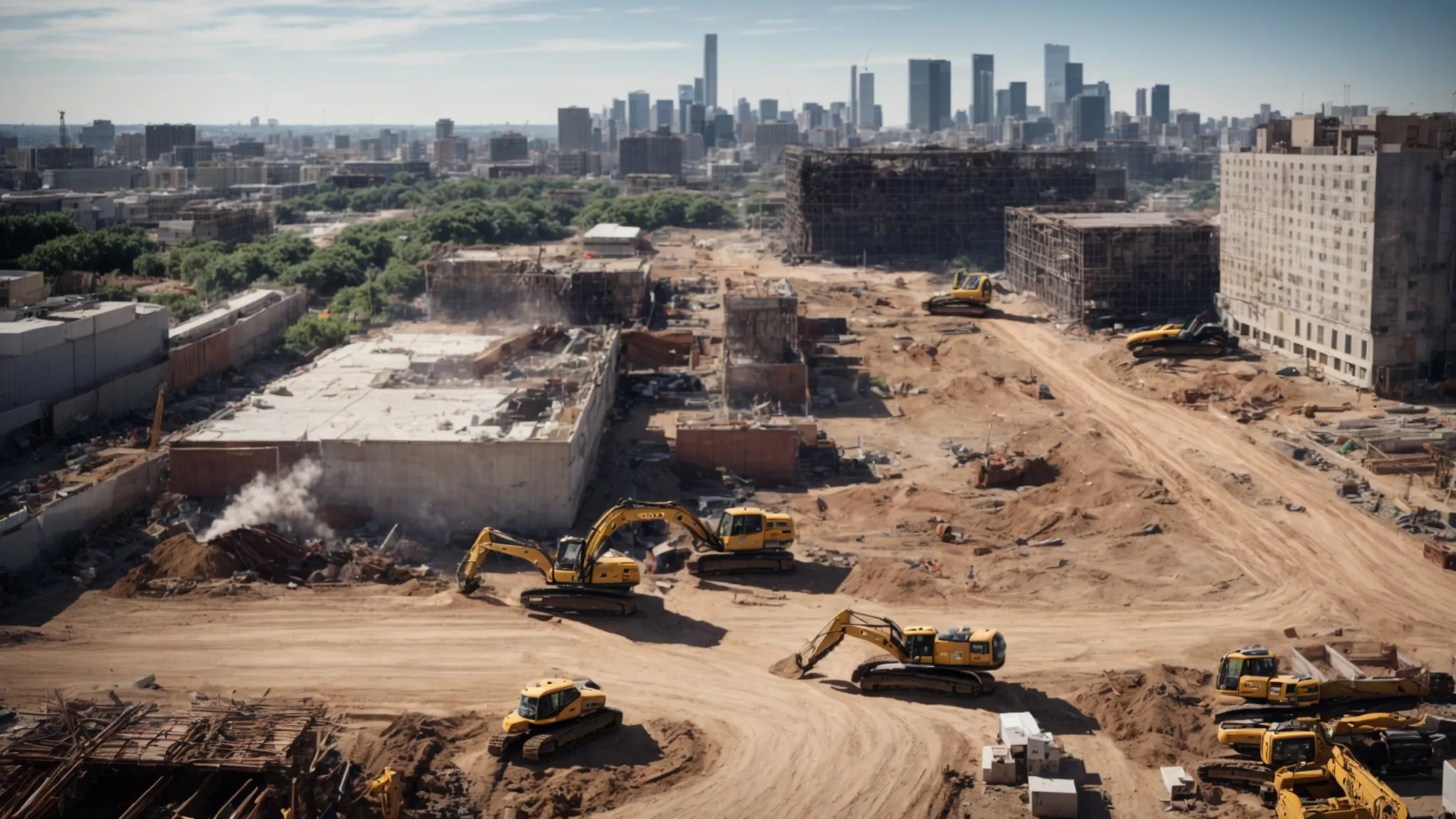 a dynamic construction site under a clear blue sky showcases the powerful operation of a demolition company, emphasizing the transformative impact of targeted ppc advertising through visually striking equipment and a backdrop of urban skyline transformation.