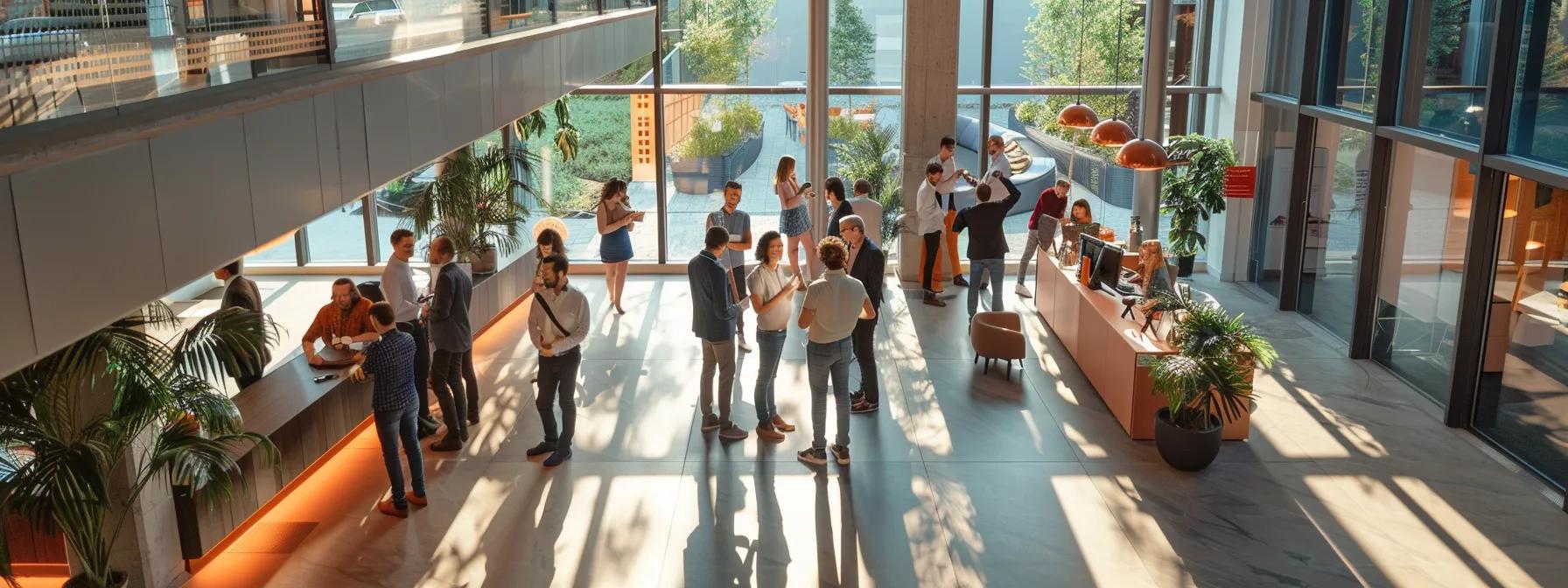 a dynamic corporate event captures teams engaged in vibrant team-building activities, showcasing a lively atmosphere filled with collaborative challenges and creative problem-solving in a sleek, modern office space.