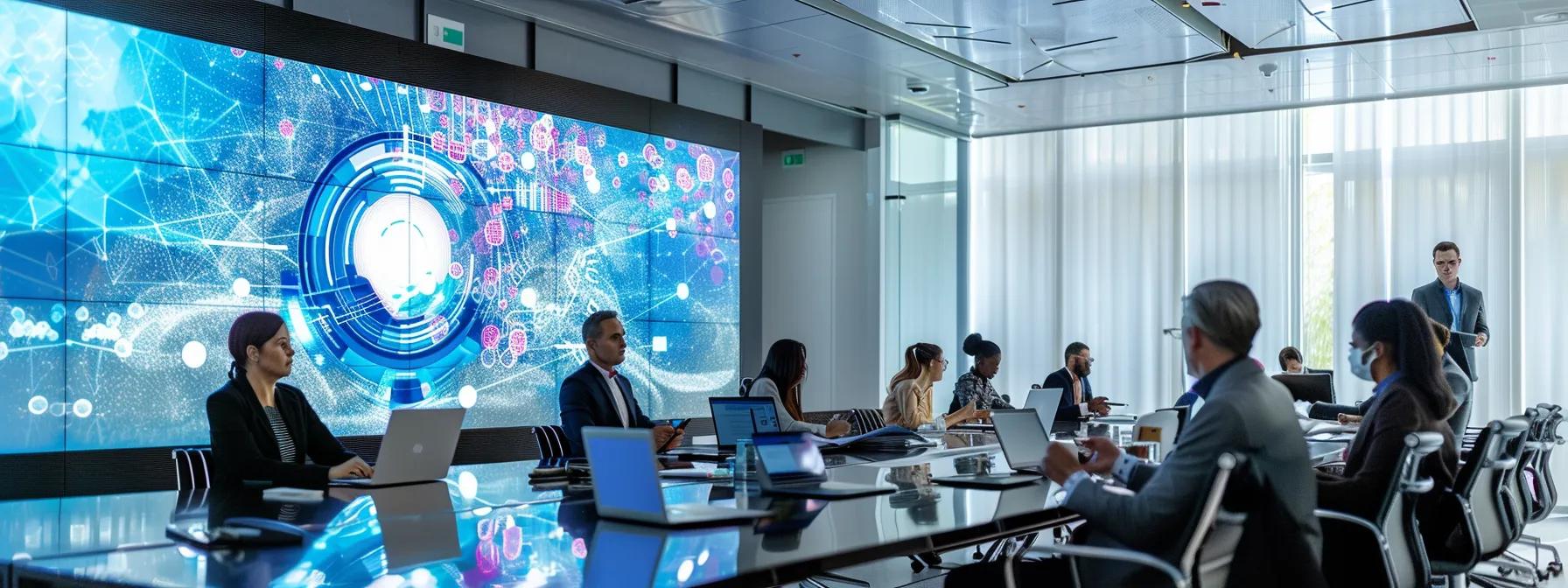 a dynamic corporate team building workshop in a sleek, modern conference room, with diverse professionals engaged in collaborative activities, showcasing heightened energy and teamwork against a backdrop of motivational visuals on the walls.