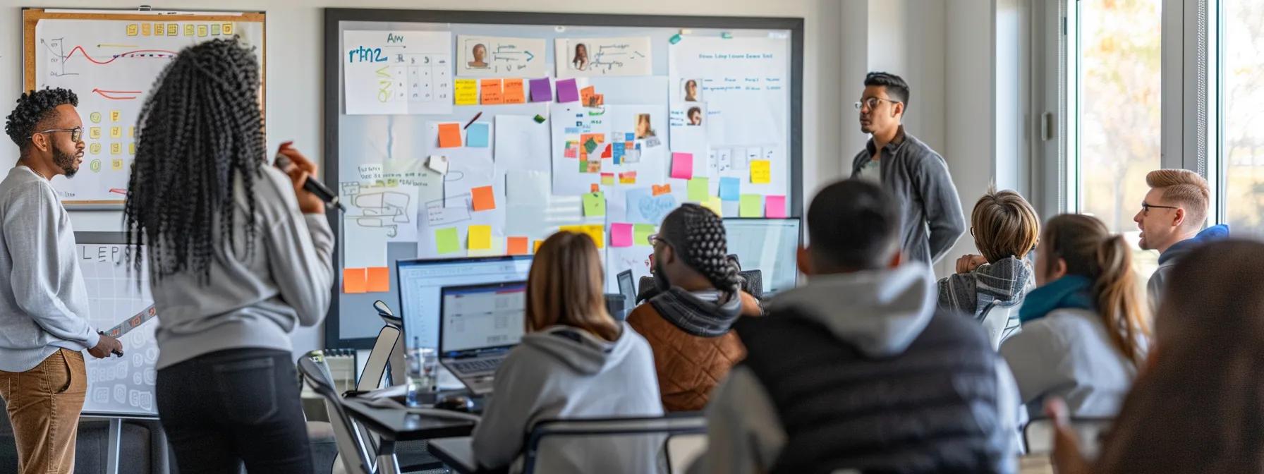 a dynamic corporate team building workshop unfolds in a modern conference room, where diverse participants engage in a collaborative problem-solving activity, surrounded by whiteboards filled with ideas and strategic plans, emphasizing customization and real-world application.