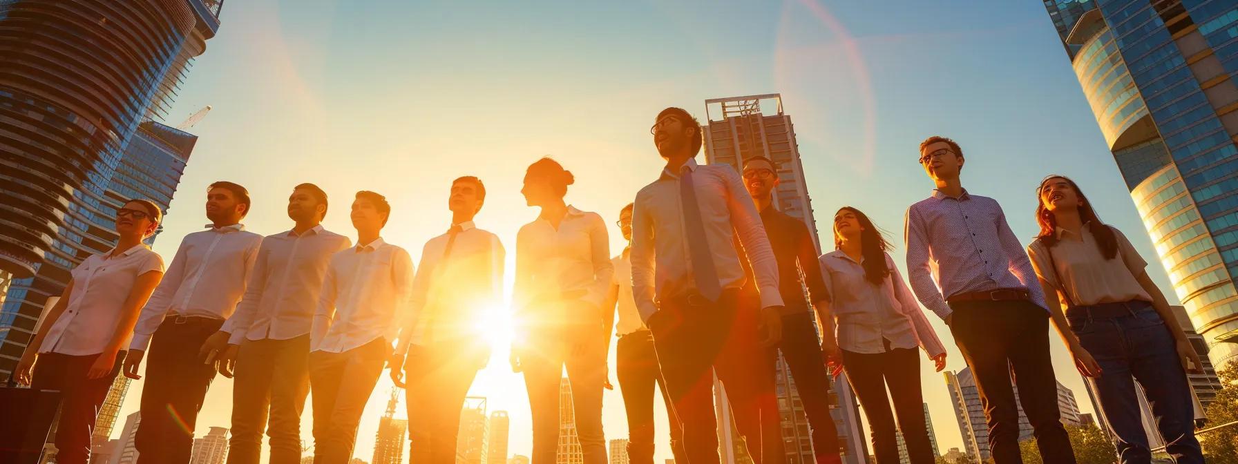 a dynamic corporate team collaborates enthusiastically during an engaging outdoor team-building activity, set against a vibrant urban skyline, showcasing teamwork and strategic communication in action.