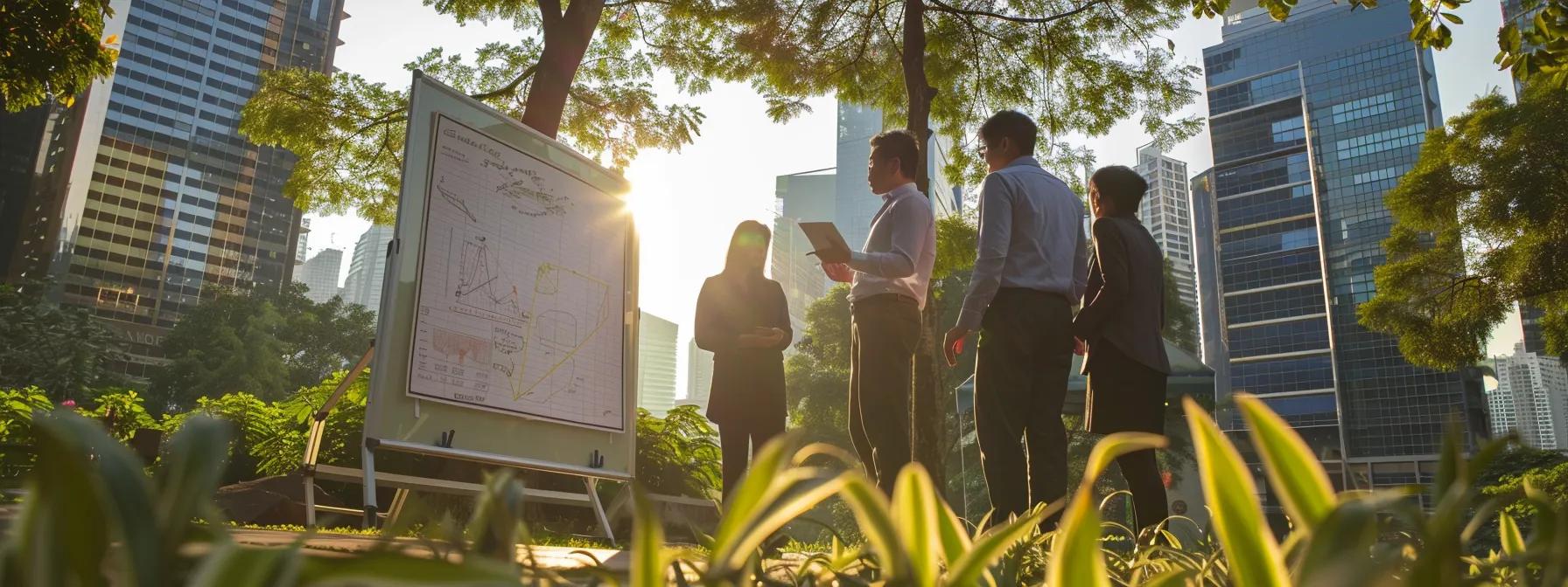 a dynamic corporate team, engaged in a collaborative outdoor strategy session, is gathered around a large flip chart in an urban park, with skyscrapers in the background, showcasing the integration of fun and business objectives in a vibrant atmosphere.