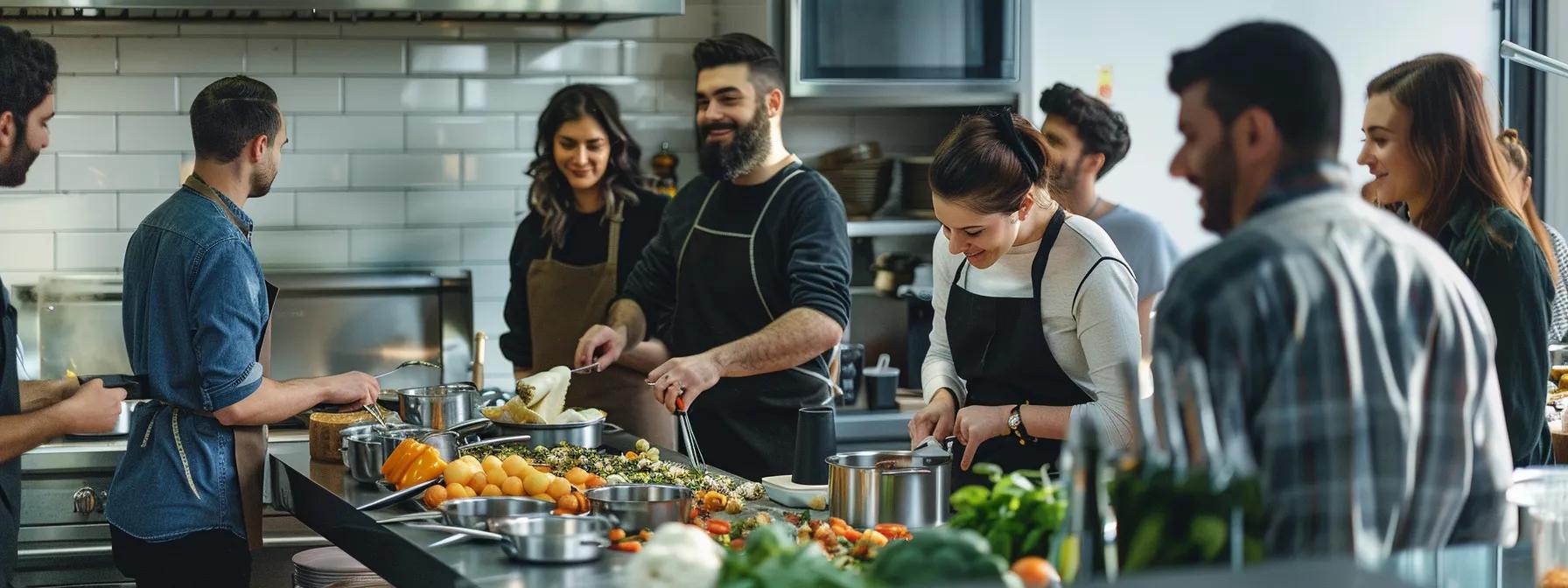 a dynamic culinary team-building event unfolds in a modern, spacious kitchen, where diverse team members enthusiastically collaborate to prepare vibrant dishes, radiating joy and camaraderie amidst a backdrop of sleek appliances and colorful ingredients.