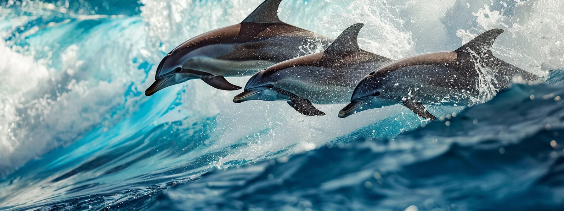 dynamic dolphins leaping joyfully through crystal-clear ocean waves, their sleek bodies glistening under the sunlit surface, capturing a moment of playful exuberance.