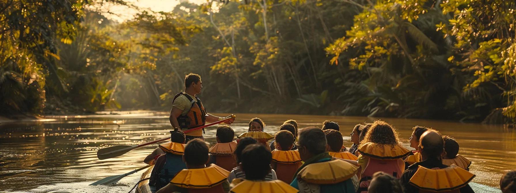 a dynamic, engaging scene captures a group of rafters eagerly listening to an expert guide amidst a vibrant, educational setting on a riverbank, with illustrated conservation posters and river habitat diagrams displayed prominently, showcasing the integration of adventure and environmental education.