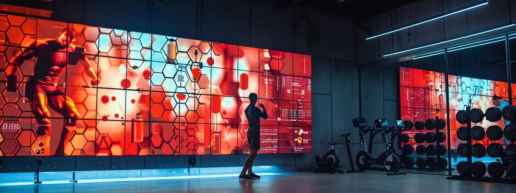 a dynamic fitness environment showcasing a muscular athlete in a modern gym, confidently assessing progress in front of a high-tech wall of digital screens displaying ostarine mk-2866's molecular structure and performance metrics, illuminated by bold, focused lighting that emphasizes strength and determination.