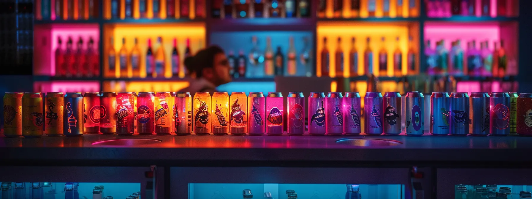 a dynamic, futuristic bar scene showcases vibrant cans of drink anomaly's stellarberry lemonade, illuminated by sleek neon lights, with customers eagerly savoring the bold citrus flavors that promise an otherworldly experience. a dynamic, futuristic bar scene showcases vibrant cans of drink anomaly's stellarberry lemonade, illuminated by sleek neon lights, with customers eagerly savoring the bold citrus flavors that promise an otherworldly experience.