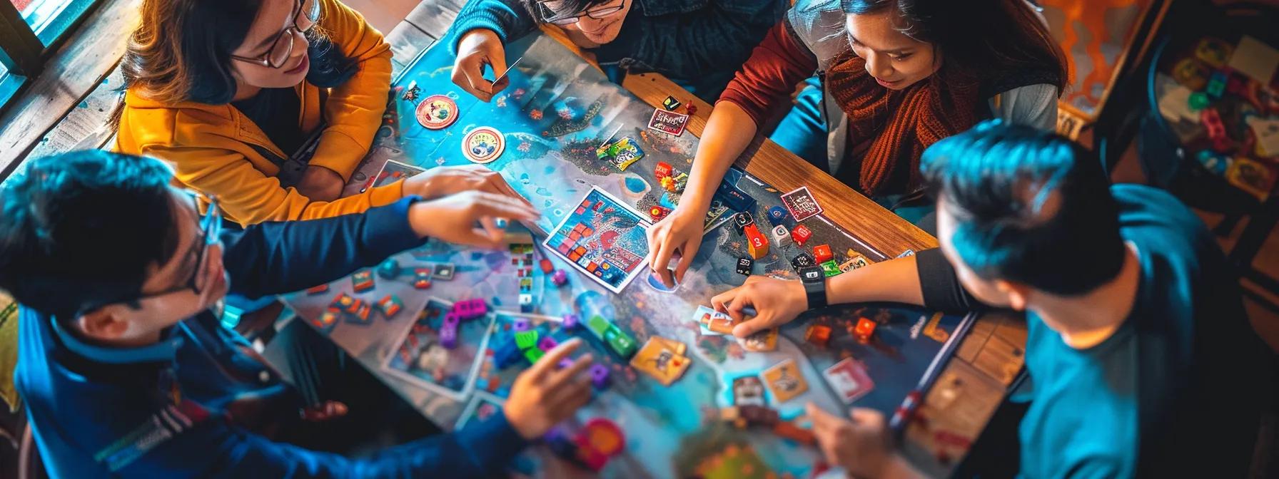 a dynamic game night setting captures a group of engaged players around a table, intently studying colorful player aid sheets that highlight complex game mechanics, surrounded by strategical game pieces and vibrant game boards, all under focused overhead lighting. a dynamic game night setting captures a group of engaged players around a table, intently studying colorful player aid sheets that highlight complex game mechanics, surrounded by strategical game pieces and vibrant game boards, all under focused overhead lighting.