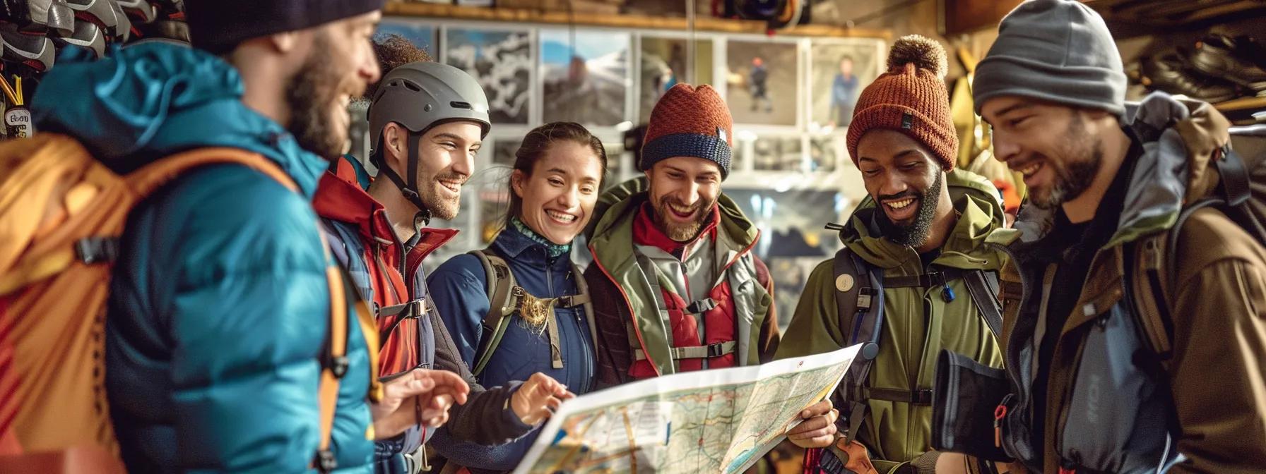 a dynamic group of adventurers, equipped for rafting, gathers around a detailed map and gear in a bustling outdoor adventure outfitter's shop, their expressions filled with excitement and anticipation for the thrilling journey ahead on tennessee's rivers.