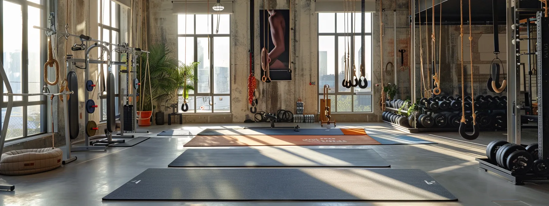a dynamic indoor fitness studio showcases a focused individual demonstrating proper posture on a yoga mat, surrounded by sturdy steel equipment and reliable ropes, with instructional visuals of the neutral spine position emphasized in the background.
